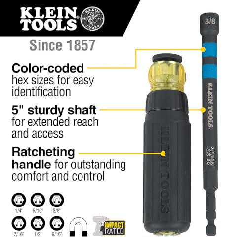 Klein Tools 32950 Ratcheting Impact Rated Hollow Power Nut Driver Set with Handle, Magnetic, Color Coded, 6 SAE Hex Sizes