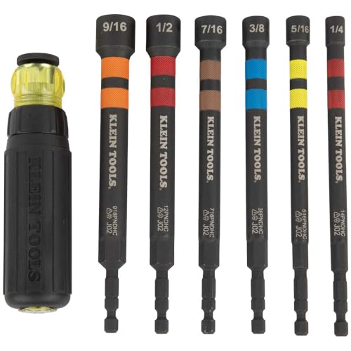 Klein Tools 32950 Ratcheting Impact Rated Hollow Power Nut Driver Set with Handle, Magnetic, Color Coded, 6 SAE Hex Sizes