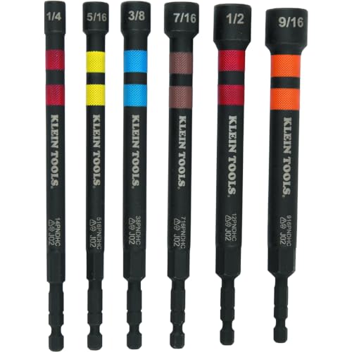 Klein Tools 32950 Ratcheting Impact Rated Hollow Power Nut Driver Set with Handle, Magnetic, Color Coded, 6 SAE Hex Sizes