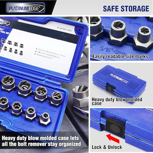 PLATINUMEDGE 13 Pieces Impact Bolt & Nut Remover Set, Stripped Bolt Extractor Set, Cr-Mo Extraction Socket Set with Solid Storage Case, Easy Out Rusted Rounded Damaged Nuts and Bolts