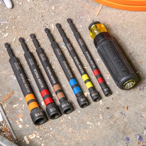 Klein Tools 32950 Ratcheting Impact Rated Hollow Power Nut Driver Set with Handle, Magnetic, Color Coded, 6 SAE Hex Sizes