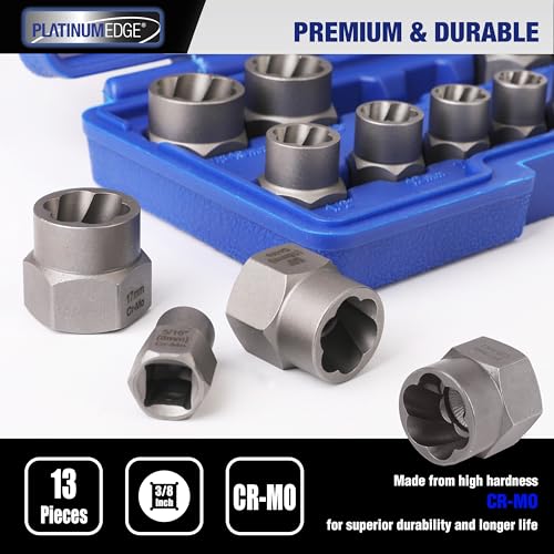 PLATINUMEDGE 13 Pieces Impact Bolt & Nut Remover Set, Stripped Bolt Extractor Set, Cr-Mo Extraction Socket Set with Solid Storage Case, Easy Out Rusted Rounded Damaged Nuts and Bolts