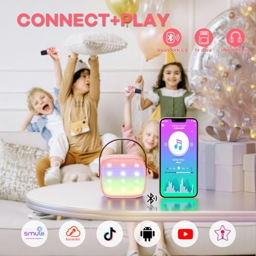 YLL Mini Karaoke Machine for Kids Adults, Portable Bluetooth Speaker with 2 Wireless Microphones,Toys Birthday Gifts for Girls Ages 4, 5, 6, 7, 8,9,10,11,12+ Years Old Toddler Teens (Lightpink)