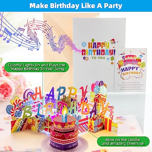 3D PopUp Birthday Cards, 1-100 Age Luxury Blowable LED Light Candle Cake Music Happy Birthday Card Postcards Greeting Cards Gifts Ideas for Women, Man, Mom, Wife, Husband, Boy, Girl, Friend, Kids