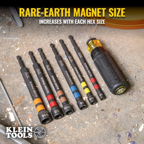 Klein Tools 32950 Ratcheting Impact Rated Hollow Power Nut Driver Set with Handle, Magnetic, Color Coded, 6 SAE Hex Sizes