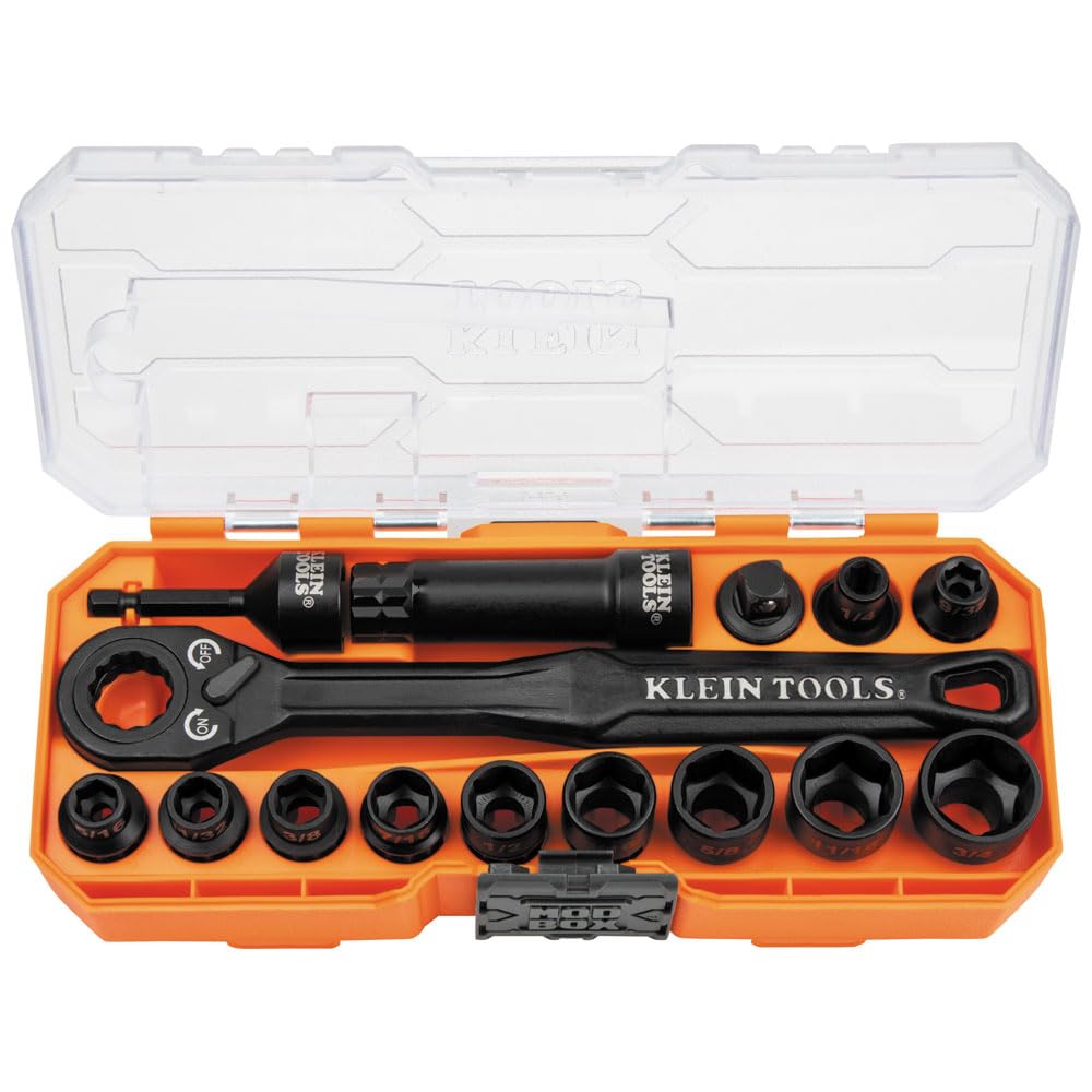 Klein Tools 65400 KNECT 15-Piece Pass Through Socket Set, SAE Impact Socket Set with MODbox Case, Sockets, Bits, Accessories and 3/8-Inch Drive Adapter