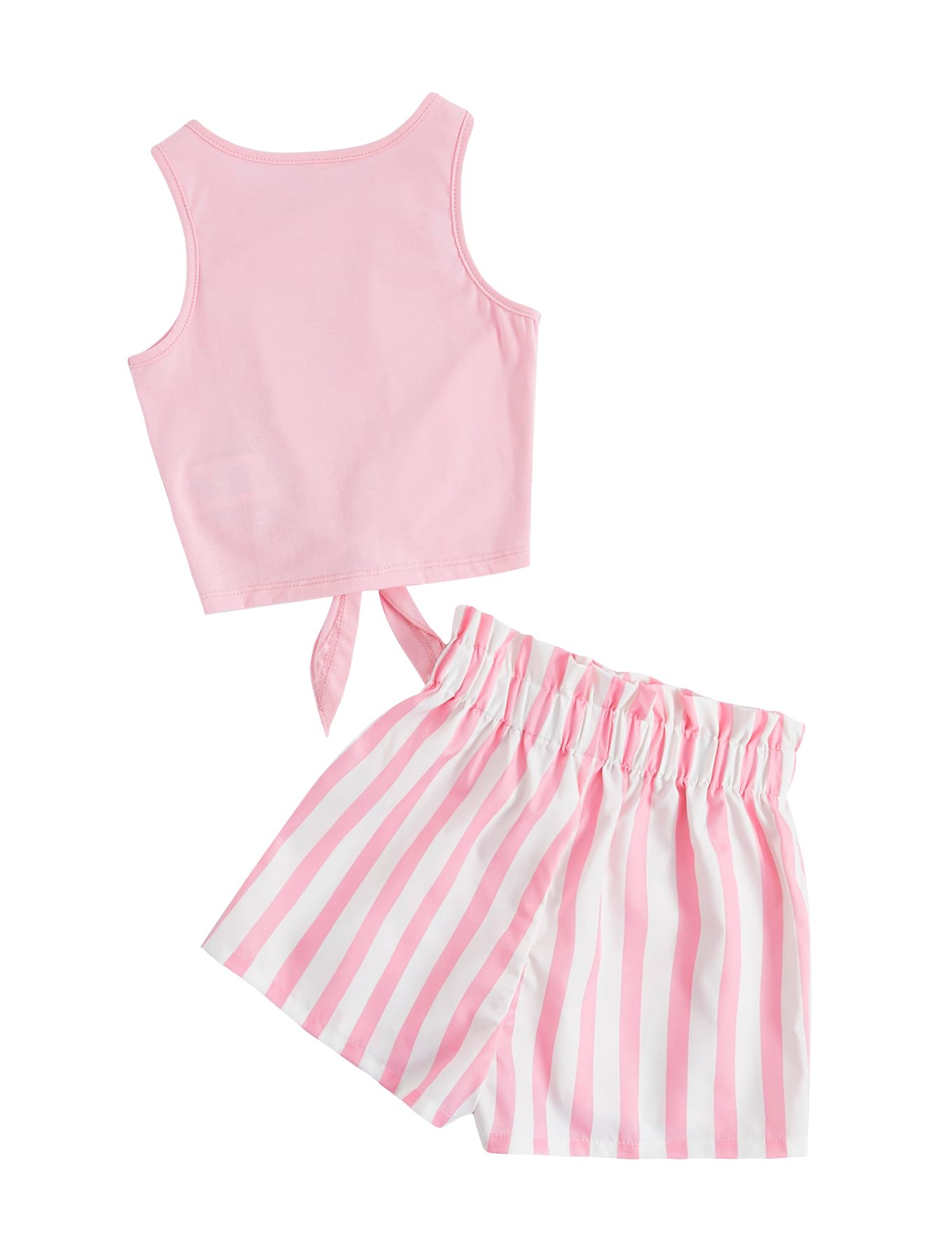 OYOANGLE Girl's 2 Piece Outfits Summer Tie Knot Tank Top and Paperbag Waist Striped Shorts Set Light Pink 9Y