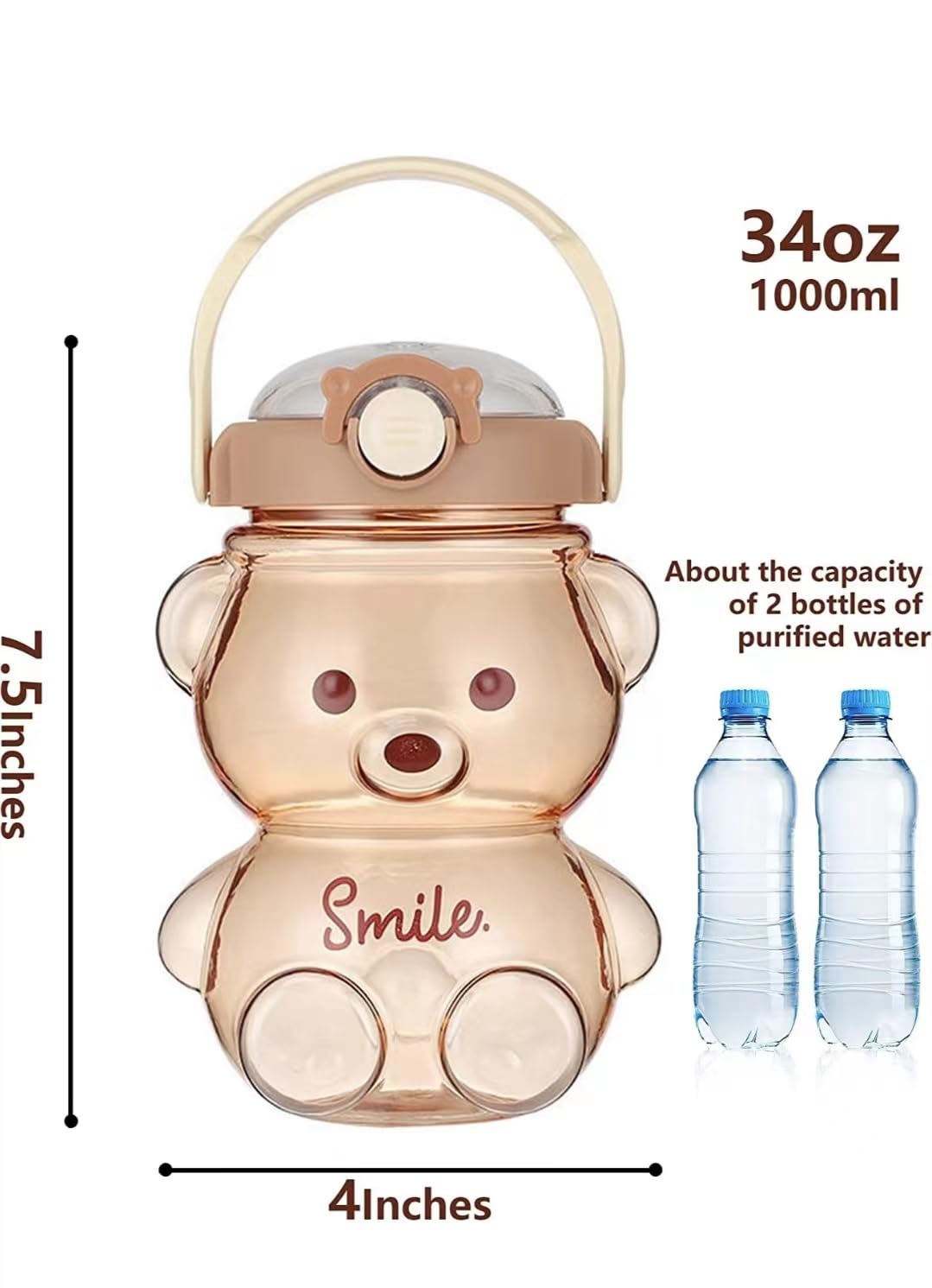 Kawaii Bear Straw Bottle,Leak-Proof Water Bottle with Adjustable & Removable Shoulder Strap for Boy and Girls (Pink)