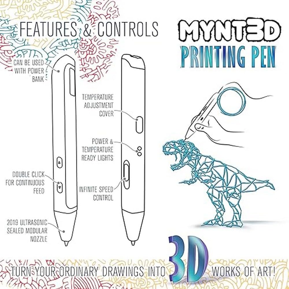 MYNT3D Super 3D Pen, 1.75mm ABS and PLA Compatible 3D Printing Pen