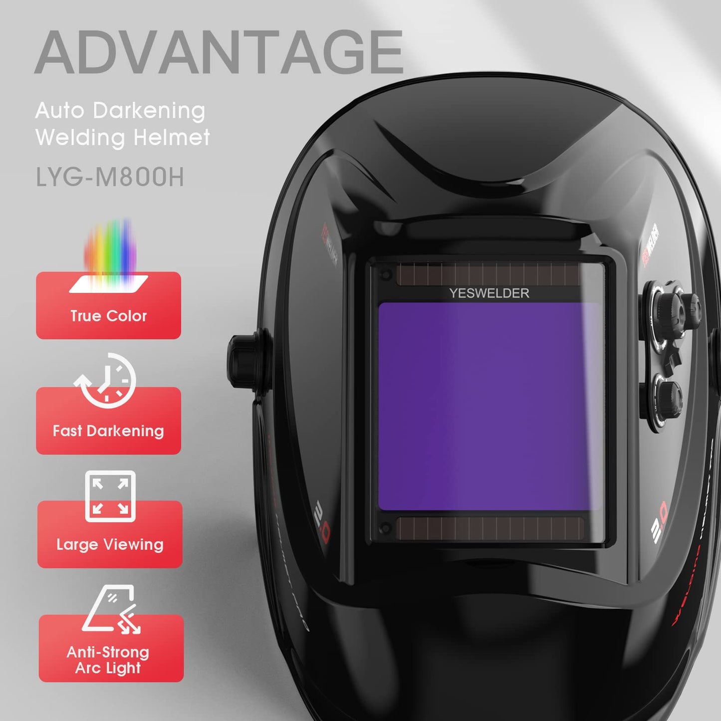 YESWELDER Large Viewing Screen 3.93"X3.66" True Color Solar Power Auto Darkening Welding Helmet, 4 Arc Sensor Wide Shade 4/5-9/9-13 for TIG MIG Arc Weld Grinding Welder Mask LYG-M800H