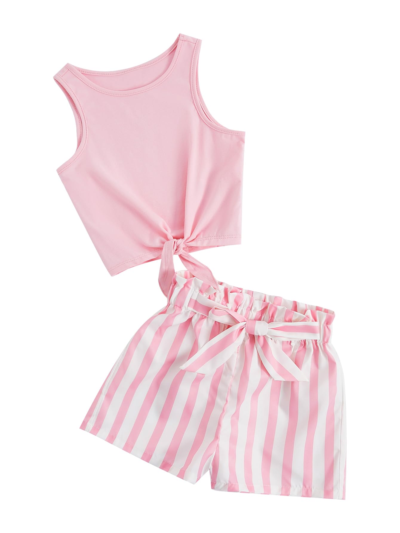 OYOANGLE Girl's 2 Piece Outfits Summer Tie Knot Tank Top and Paperbag Waist Striped Shorts Set Light Pink 9Y