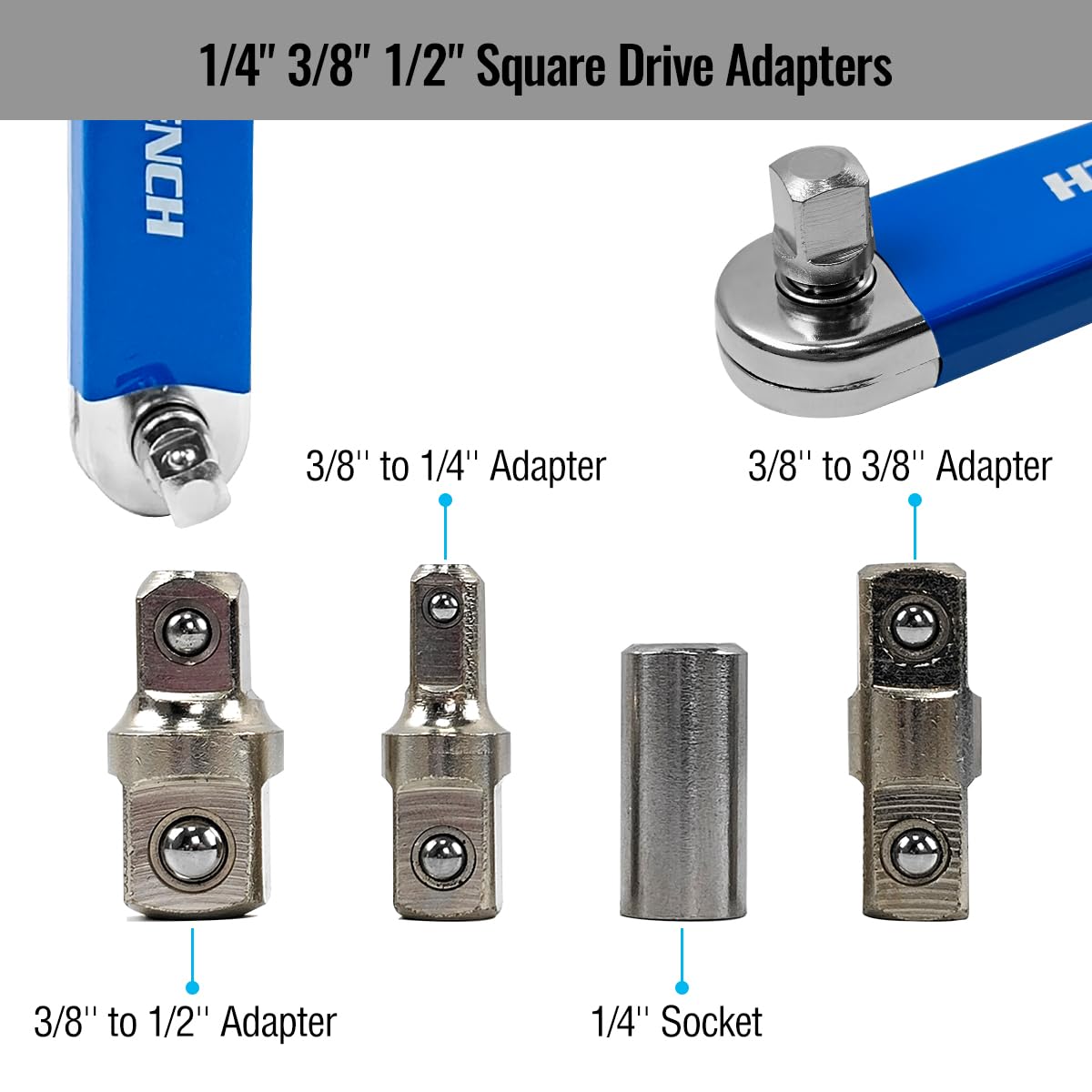 Bqweun Impact Ready Offset Extension Wrench, Tight Reach Extension Wrench Set, with 1/2", 1/4" and 3/8" Square Drive Adapters, Universal Extensions Wrench for Small Place