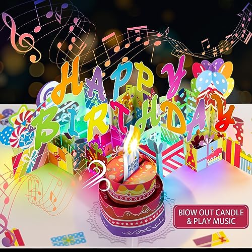 3D PopUp Birthday Cards, 1-100 Age Luxury Blowable LED Light Candle Cake Music Happy Birthday Card Postcards Greeting Cards Gifts Ideas for Women, Man, Mom, Wife, Husband, Boy, Girl, Friend, Kids