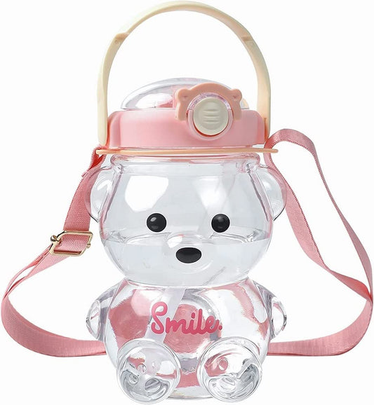 Kawaii Bear Straw Bottle,Leak-Proof Water Bottle with Adjustable & Removable Shoulder Strap for Boy and Girls (Pink)