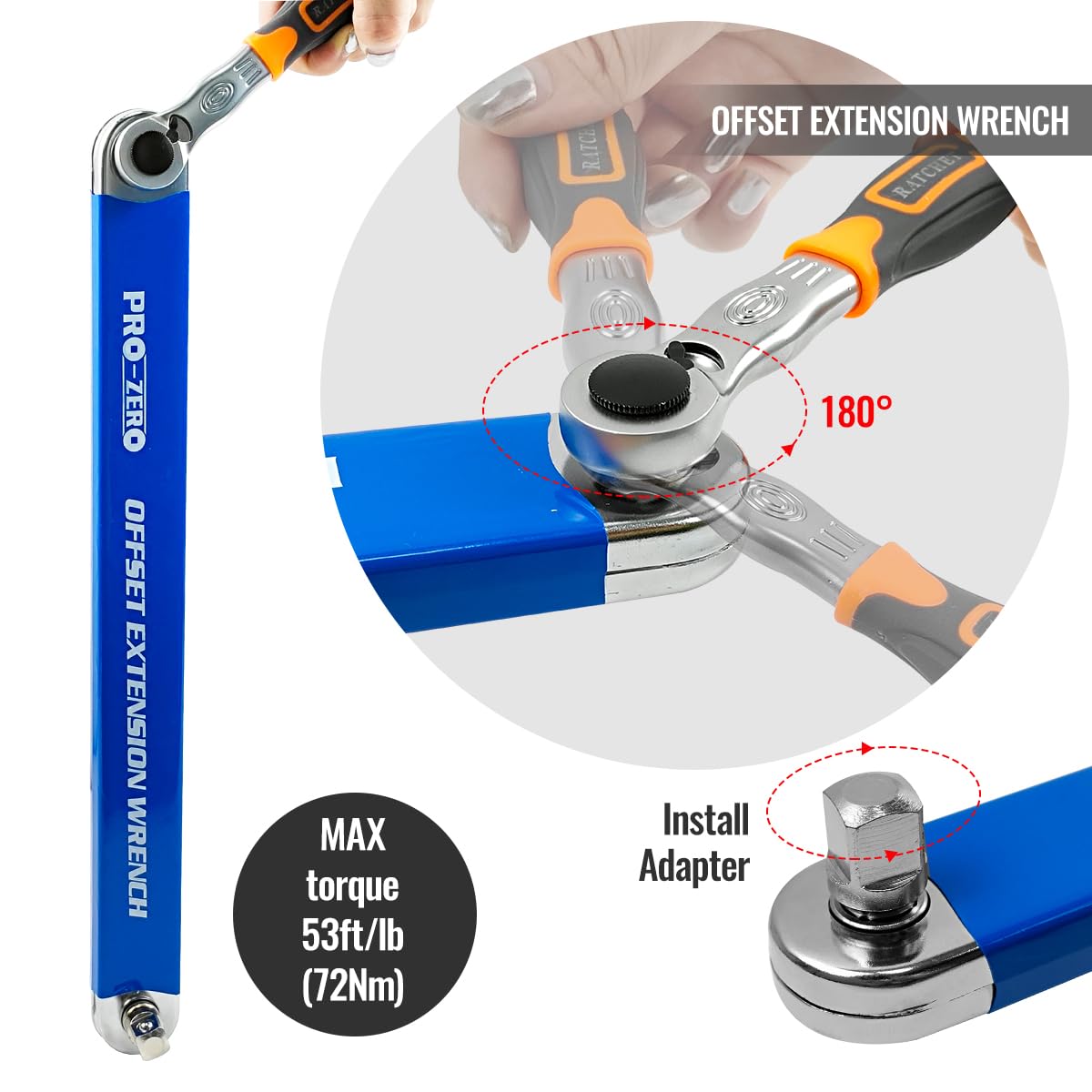 Bqweun Impact Ready Offset Extension Wrench, Tight Reach Extension Wrench Set, with 1/2", 1/4" and 3/8" Square Drive Adapters, Universal Extensions Wrench for Small Place