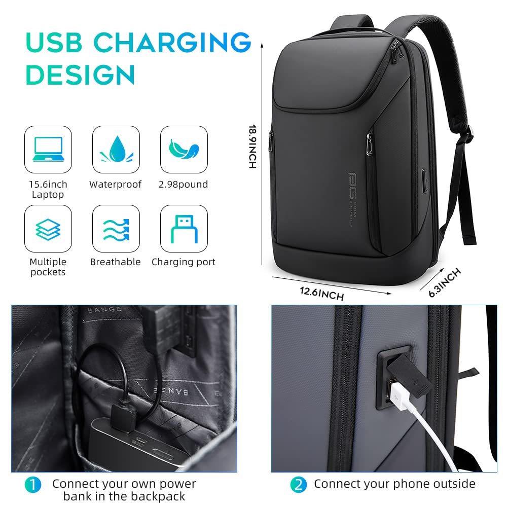 BANGE Business Smart Backpack Waterproof fit 15.6 Inch Laptop Backpack with USB Charging Port,Travel Durable Backpack