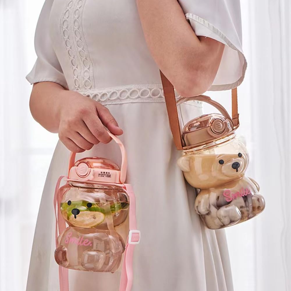 Kawaii Bear Straw Bottle,Leak-Proof Water Bottle with Adjustable & Removable Shoulder Strap for Boy and Girls (Pink)