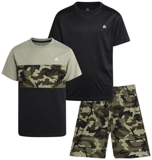 RBX Boys' Shorts Set - 3 Piece Short Sleeve Performance T-Shirt and Shorts (Size: 4-12), Size 10, Green Camo