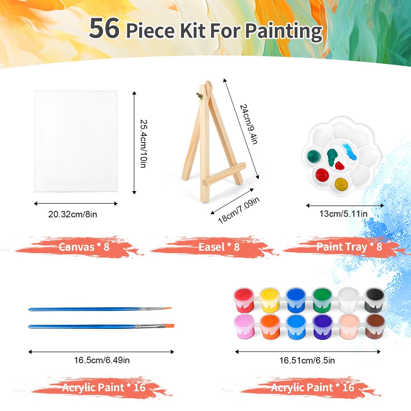 8 Pack 8 * 10In Canvas Boards for Painting, Art Canvas for Drawing with 16 Brushes & 8 Paint Trays & 16 Acrylic Paint, Mini Painting Canvas with Easel Set, Painting Kits for Adults & Kids Party