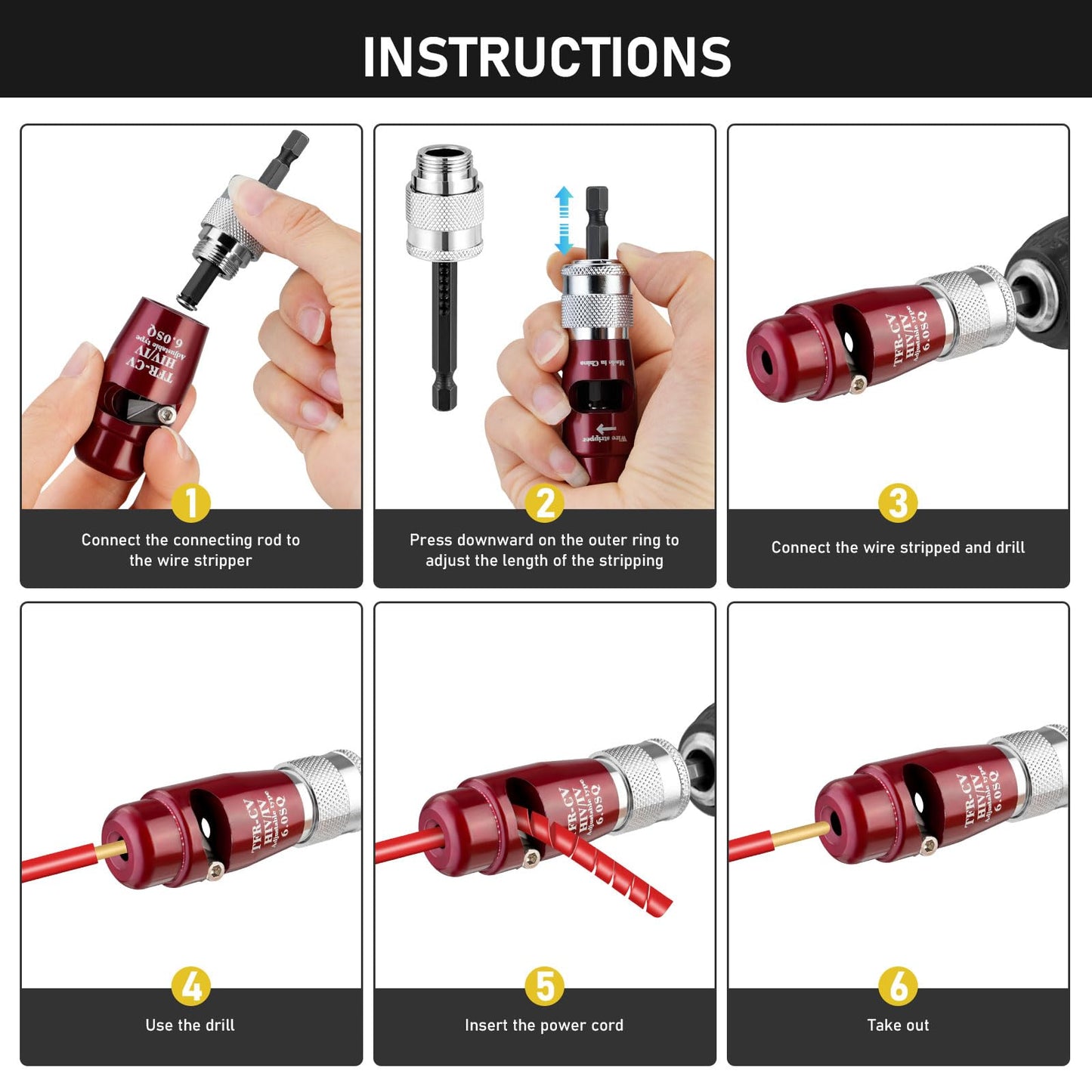 FERSTALO Wire Twister Tool for Drill, 6 in 1 Wire Stripping and Twisting Tool, Quickly Drill Wire Stripping Professional Electrician Tool Set, Portable Wire Nut Twister Cable Stripping and Connector