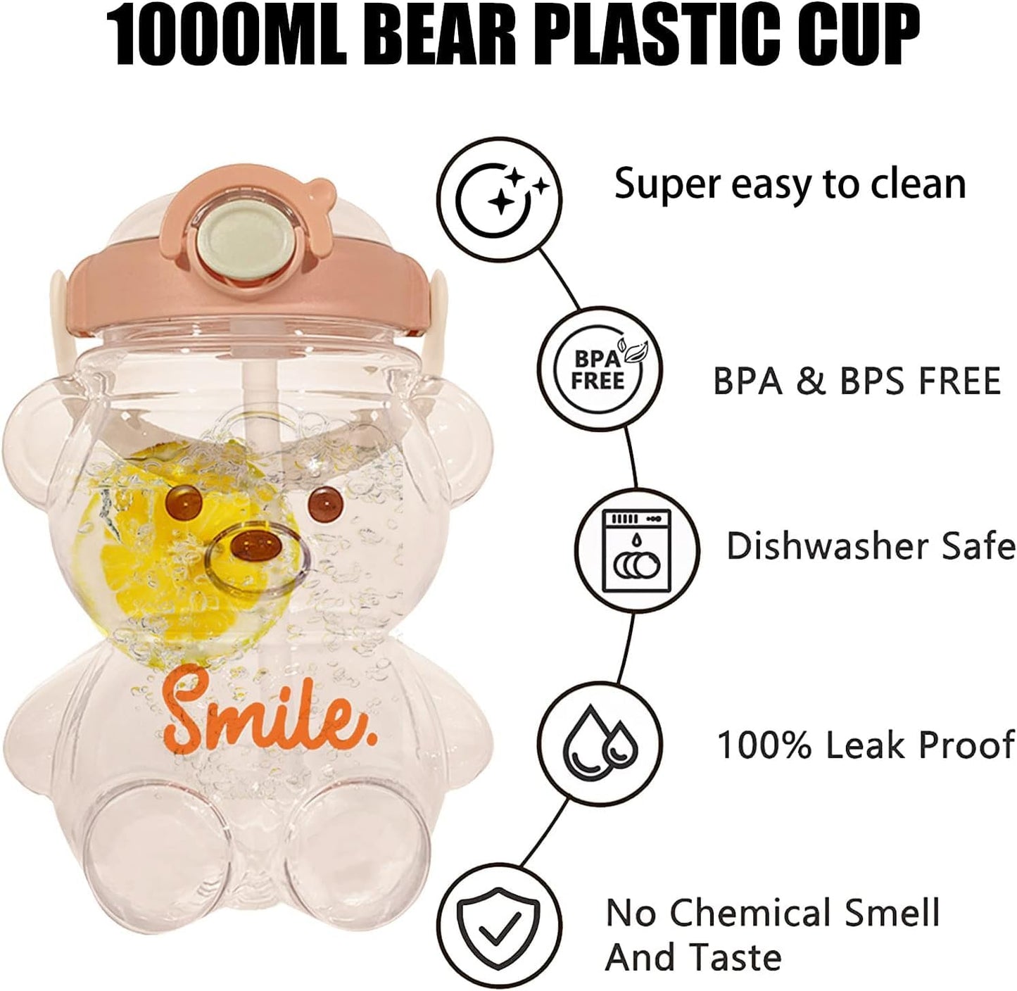 Kawaii Bear Straw Bottle,Leak-Proof Water Bottle with Adjustable & Removable Shoulder Strap for Boy and Girls (Pink)