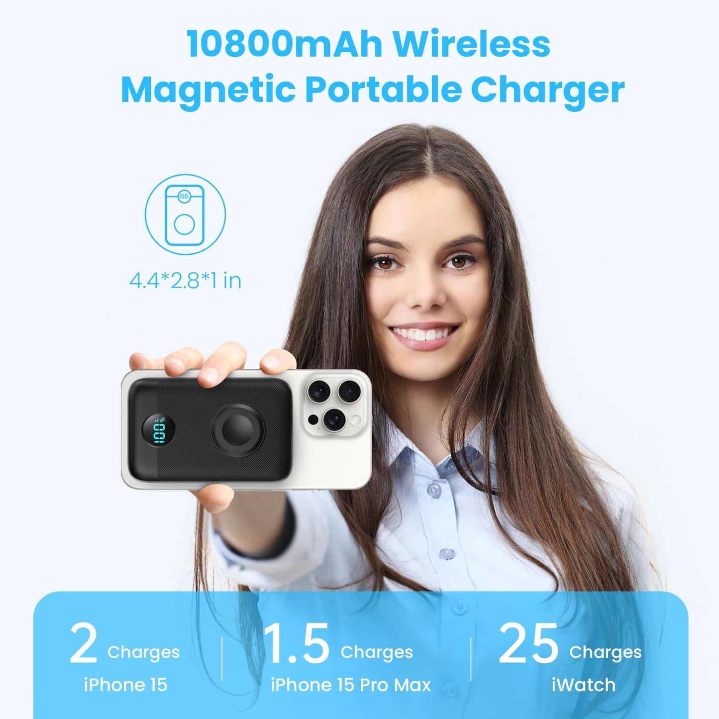 Magnetic Portable Charger 10800mAh,4-in-1 Wireless Power Bank with iWatch Charger, QC4.0+20W PD Fast Charging USB C Battery Pack with LCD Display for Magsafe,iPhone 15/14/13/12 Series,Apple Watch etc.