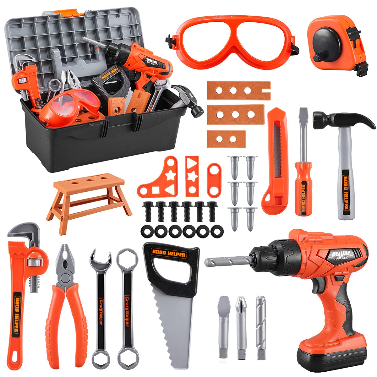 Kids Tool Set – Zealous 45 pcs Toddler Tool Set with Tool Box & Electronic Toy Drill, Pretend Play Kids Toys, Toy Construction Tools for Kids Ages 3,4,5,6,7,8 Years Old (A-orange)