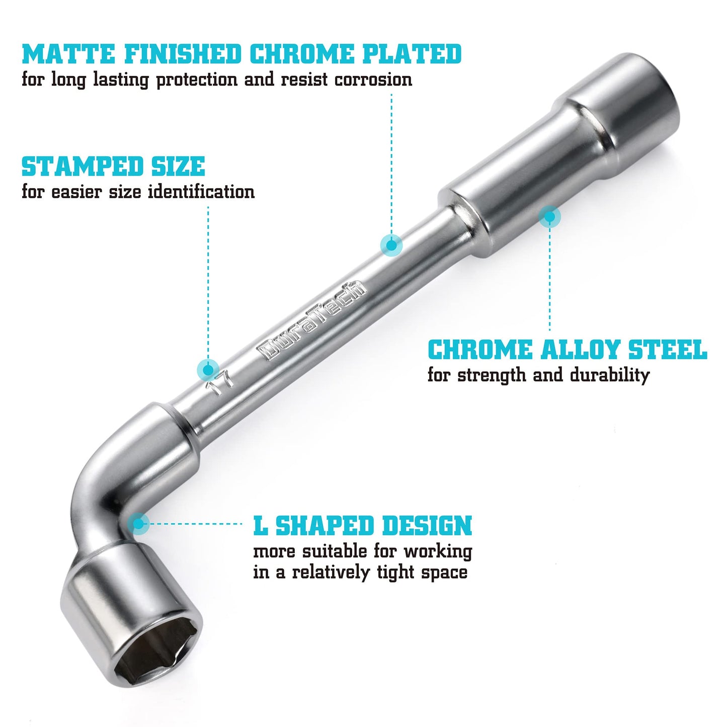 DURATECH L-Type Pipe Perforation Elbow Wrench Set, L Shaped Hex Socket Wrench Set, Metric, 9-Piece, 8-19mm, Chrome Alloy Steel, 6 Point, with Rolling Pouch