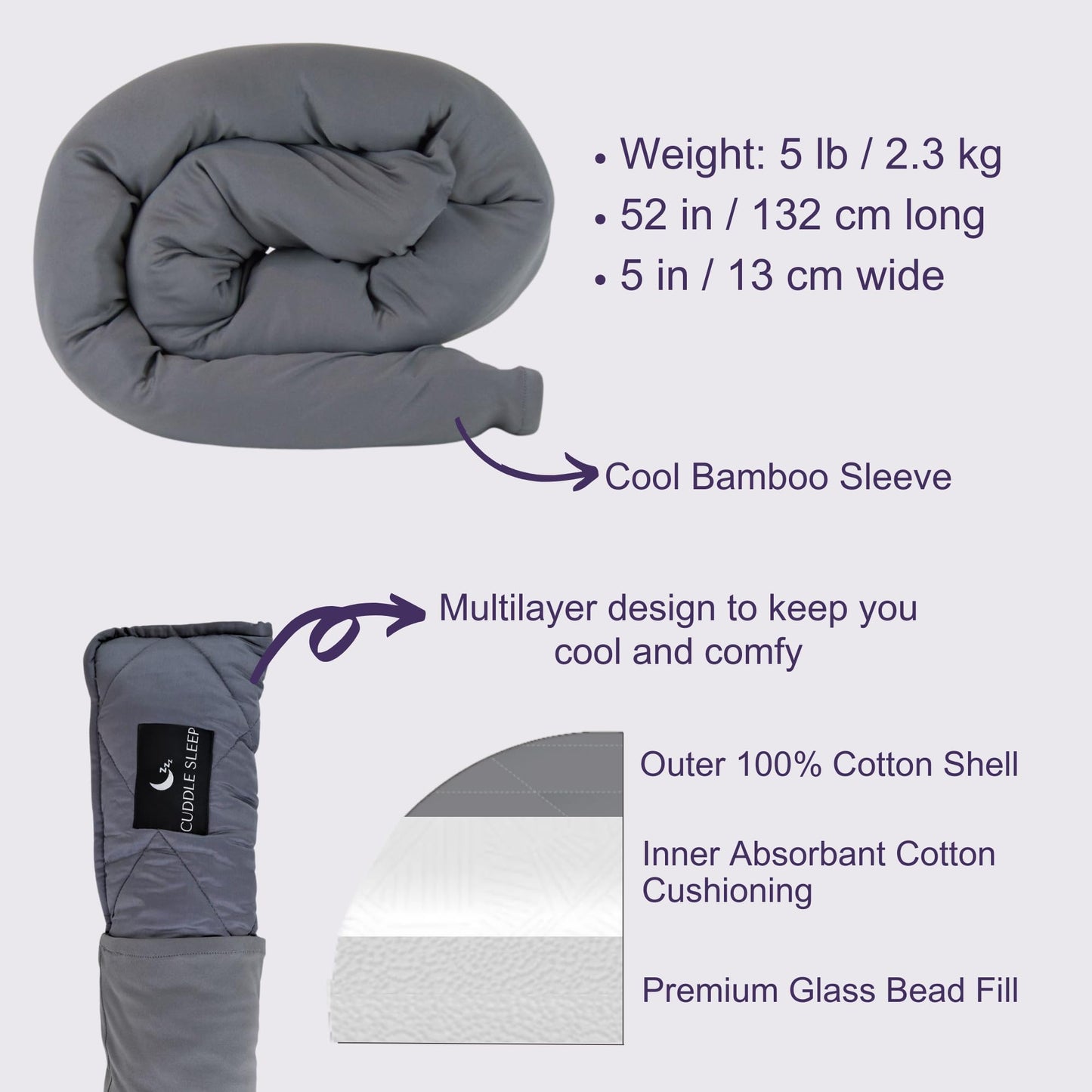 Cuddle Sleep Weighted Pillow - Sensory Pillow - Cuddles You to Sleep - Cool Touch Sleeve - Travel Friendly - 52inches - Weighted Blanket Alternative - Machine Washable & Durable - All Sleep Positions