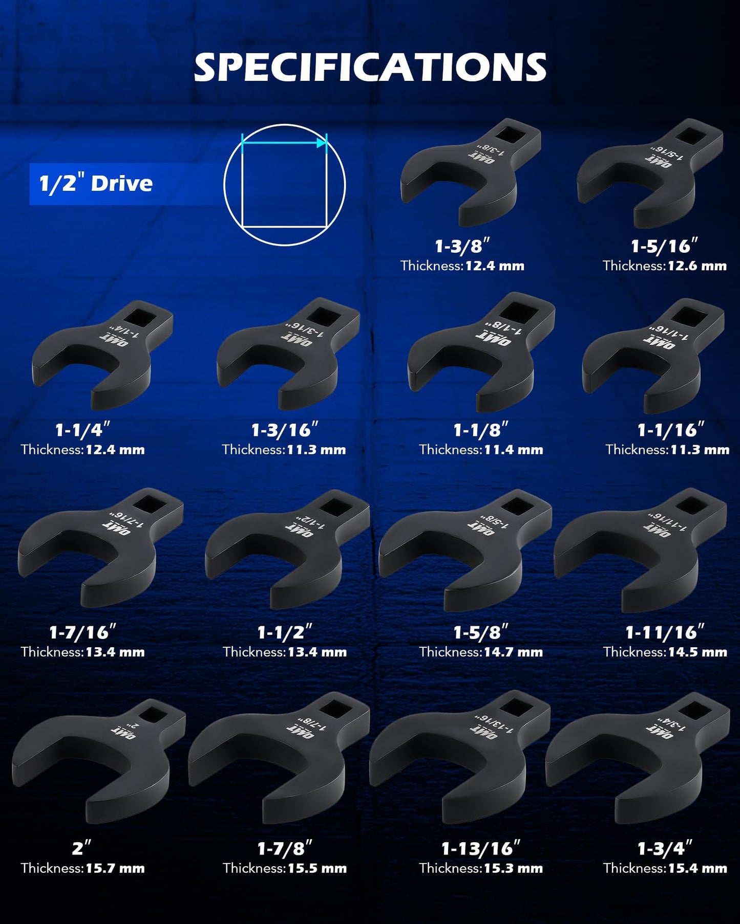 Orion Motor Tech 14 Piece Jumbo Crowfoot Wrench Set, SAE Crows Foot Wrench Set for 1-1/16" to 2" Flare Nuts for 1/2" Drive Rachets & Extenders, Blackened Cr-V Steel Crowfoot Wrenches with Carry Case