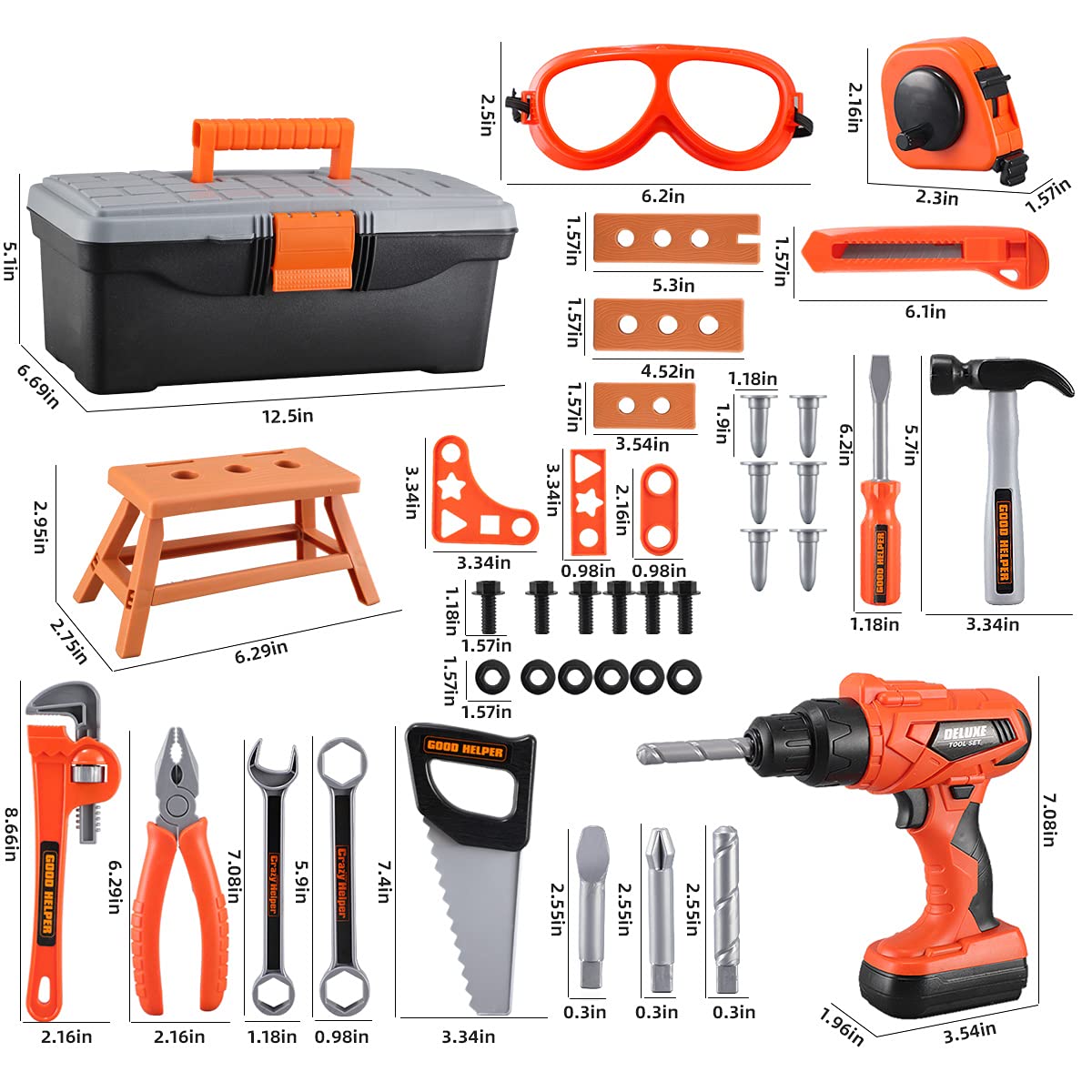 Kids Tool Set – Zealous 45 pcs Toddler Tool Set with Tool Box & Electronic Toy Drill, Pretend Play Kids Toys, Toy Construction Tools for Kids Ages 3,4,5,6,7,8 Years Old (A-orange)