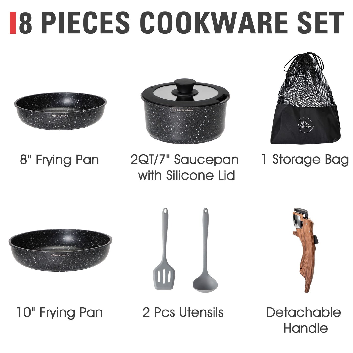 Kitchen Academy Detachable Handle Induction Cookware Sets - 10 Piece Non-stick Cooking Pots and Pans, Black Granite Stackable RV Cookware for Camp