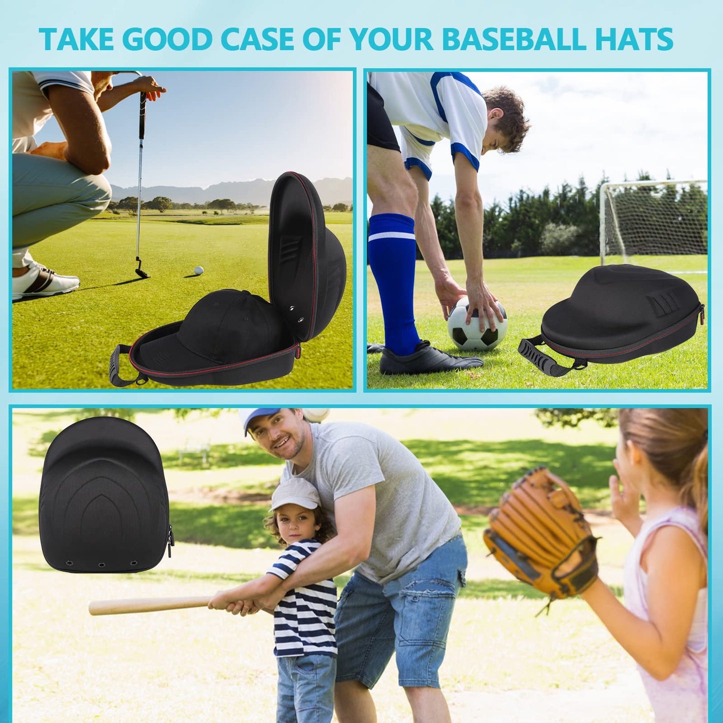 Glamgen Hard Hat Case for Baseball Caps,Hat Carrier Travel Case with One Black Baseball Cap and Adjustable Shoulder Strap,Hat Organizer Holder Bag for 6 Baseball Caps for Women and Men,Black