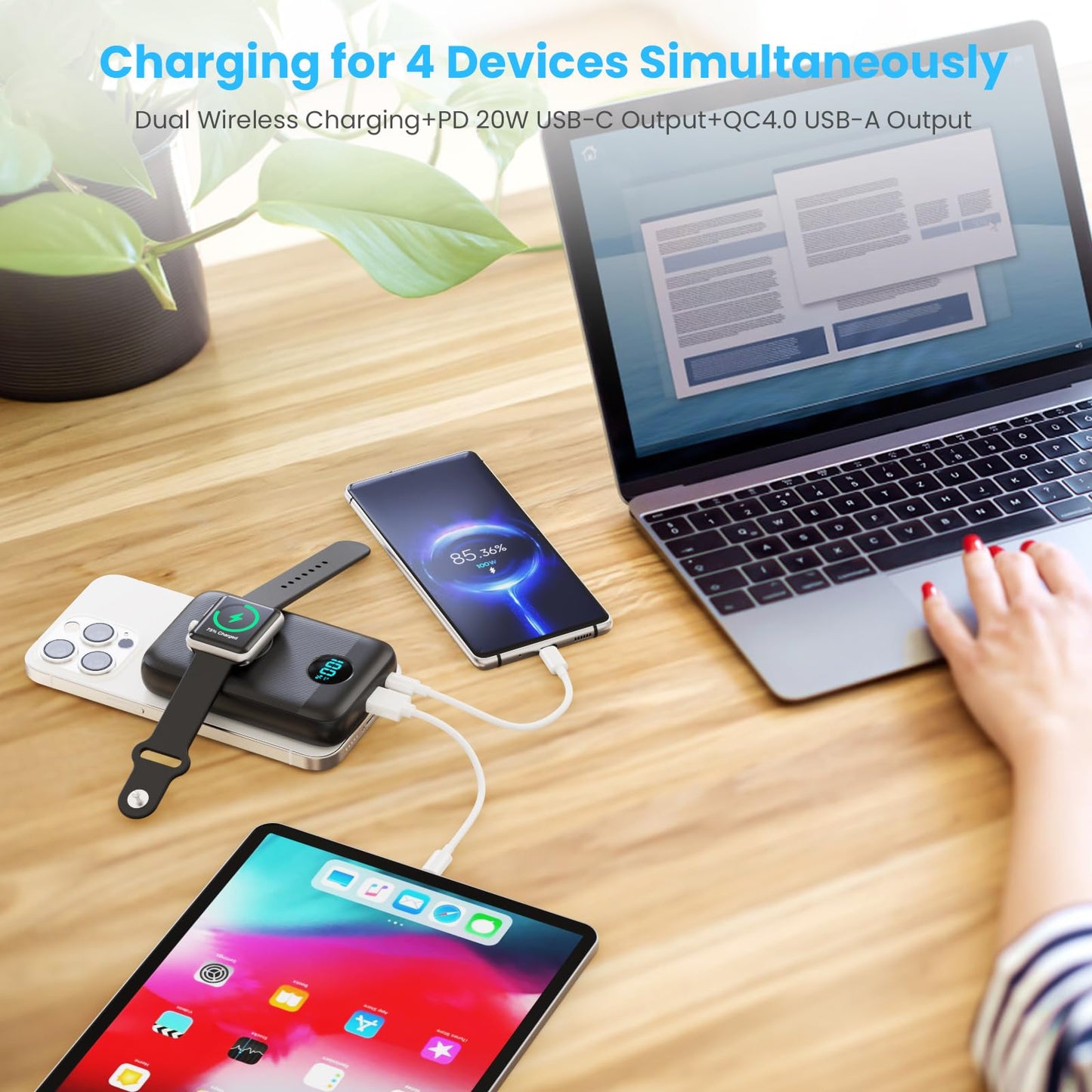 Magnetic Portable Charger 10800mAh,4-in-1 Wireless Power Bank with iWatch Charger, QC4.0+20W PD Fast Charging USB C Battery Pack with LCD Display for Magsafe,iPhone 15/14/13/12 Series,Apple Watch etc.