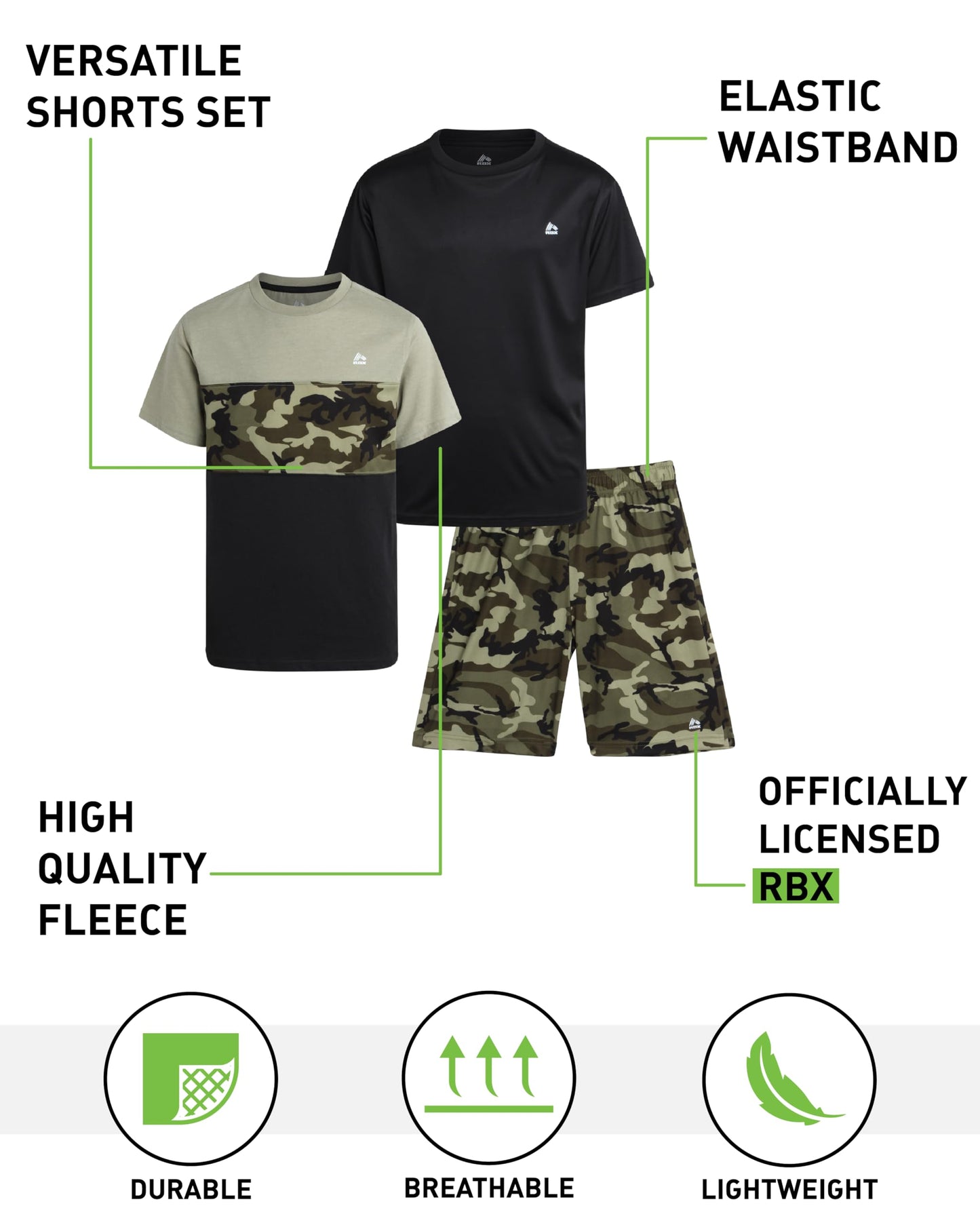 RBX Boys' Shorts Set - 3 Piece Short Sleeve Performance T-Shirt and Shorts (Size: 4-12), Size 10, Green Camo