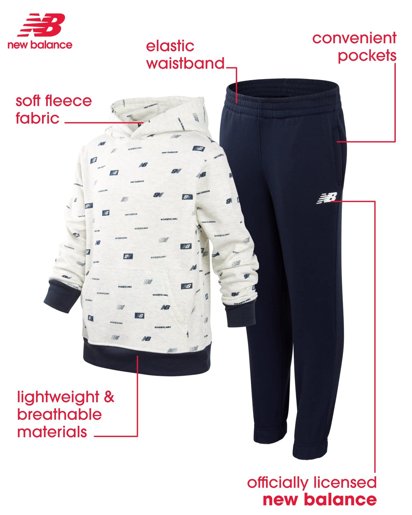 New Balance Boys Sweatsuit Set 2 Piece Fleece Pullover Hoodie Sweatshirt and Sweatpants (8-12), Size 8, Oatmeal