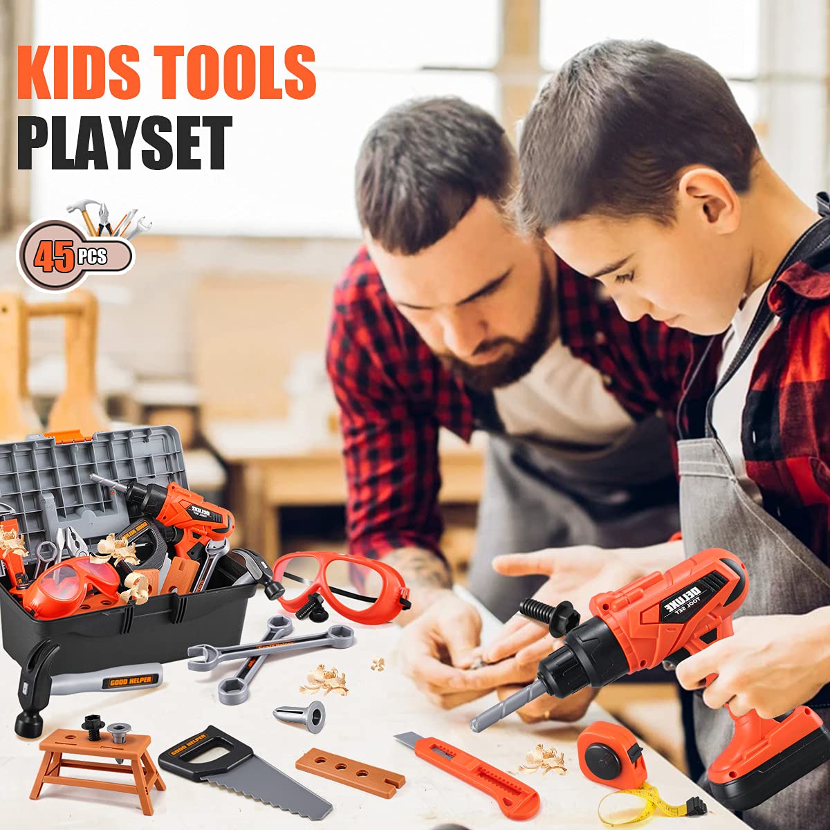 Kids Tool Set – Zealous 45 pcs Toddler Tool Set with Tool Box & Electronic Toy Drill, Pretend Play Kids Toys, Toy Construction Tools for Kids Ages 3,4,5,6,7,8 Years Old (A-orange)