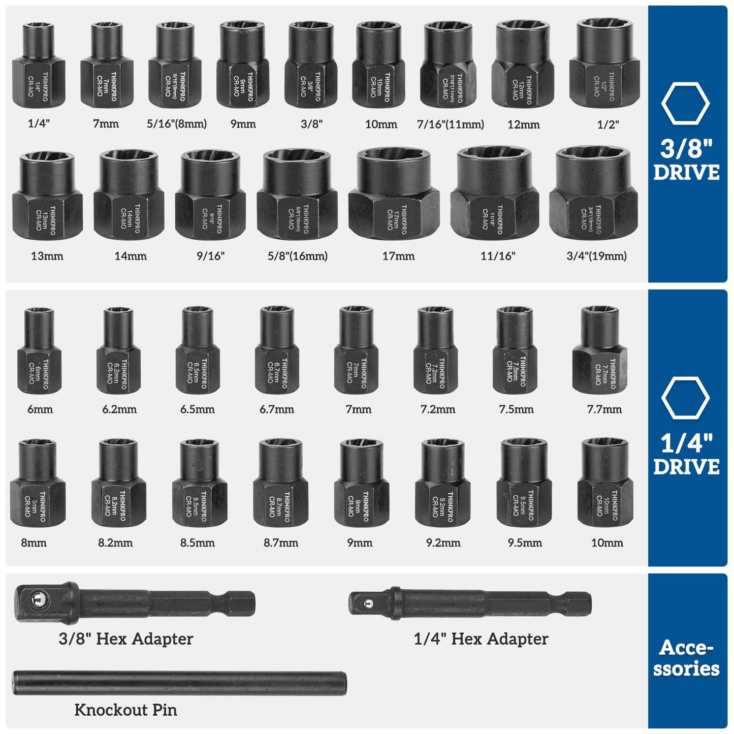 Thinkpro Bolt Extractor Kit,35PCS Nut Extractor Socket Set,Impact Bolt & Nut Remover,Easy Out Bolt Removal Tool for Removing Damaged, Frozen, Rusted, Rounded-Off Bolts, Nuts & Screws