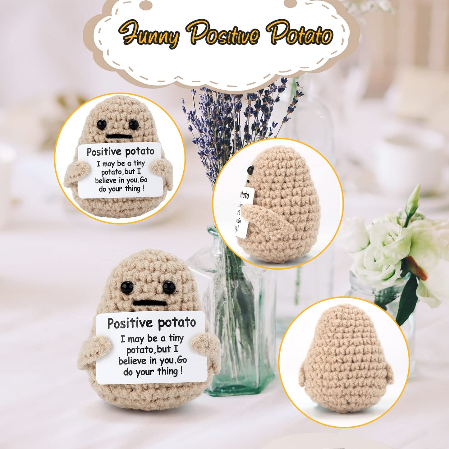 Mini Funny Knitted Wool Potato Toy with Positive Card - Creative Cute Crochet Doll Cheer Up Gift for Friends, Parties, Christmas Decoration and Encouragement