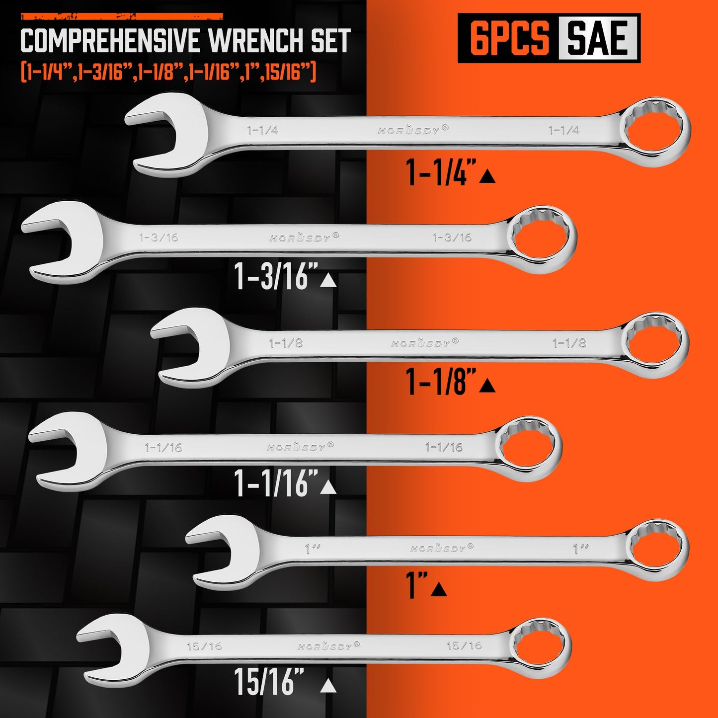 HORUSDY Large Wrench Set with Rolling Pouch | SAE | 6-Piece | 15/16″, 1″, 1-1/16″, 1-1/8″, 1-3/16″, 1-1/4″ | 12 Point | Chrome Vanadium Steel