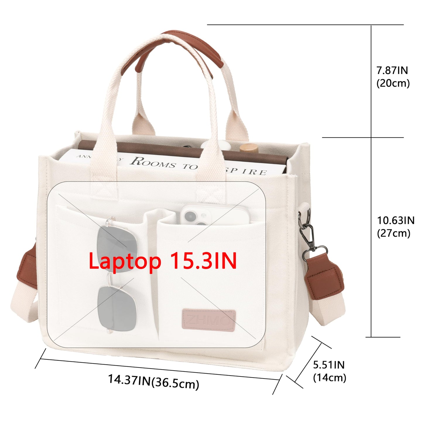 ZHMO Large Top Handles Canvas Tote Bag for Women With Pockets,White Laptop Crossbody Purses Everyday Satchel Shoulder Hobo Work Bags Handbags for Gift Teacher Beach Travel Gym Book Weekend Nurse