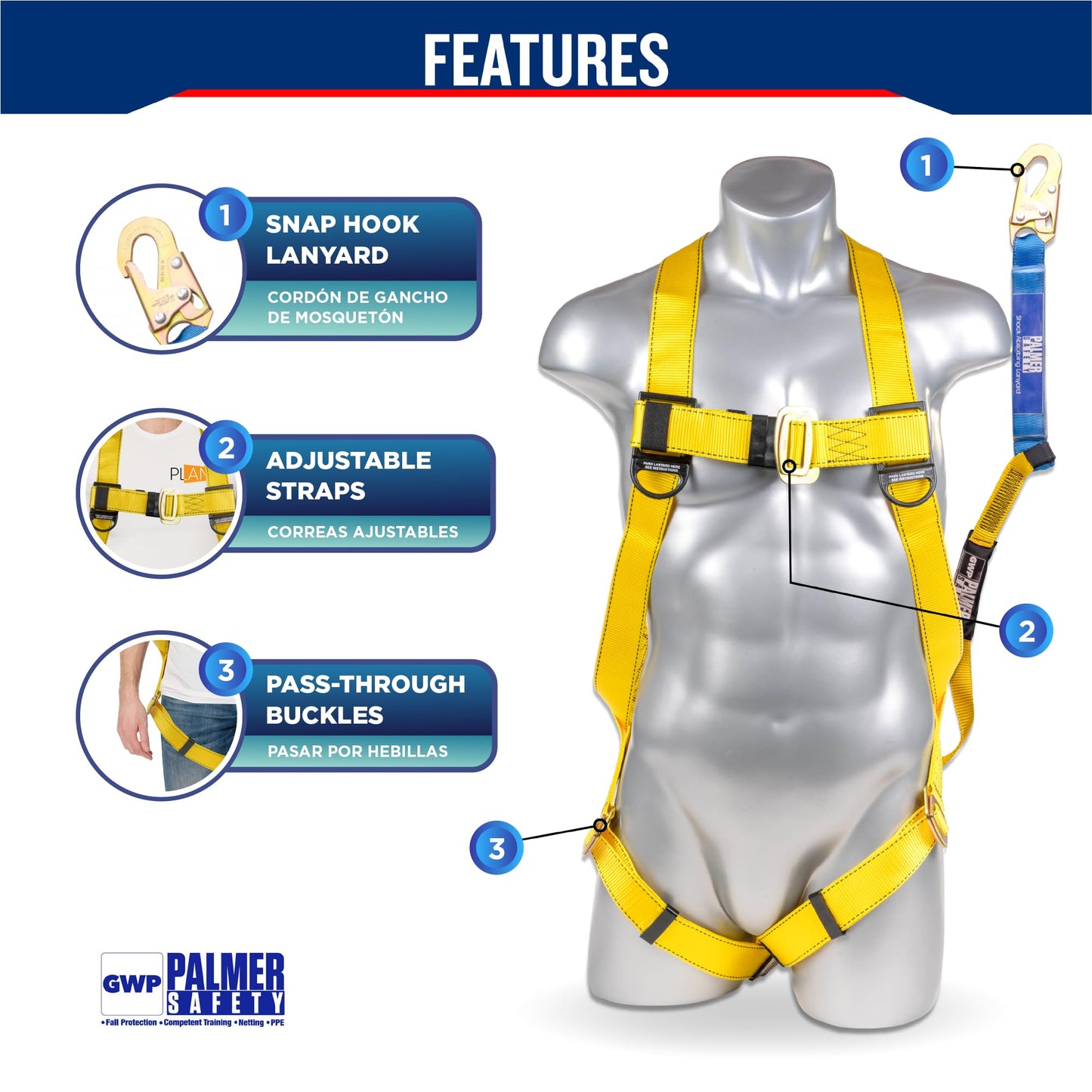 Palmer Safety Safety Harness w/Detachable 6 ft Lanyard I Single Leg Lanyard w/Internal Shock Absorbing & Snap Hook I OSHA/ANSI Fall Arrest Kit