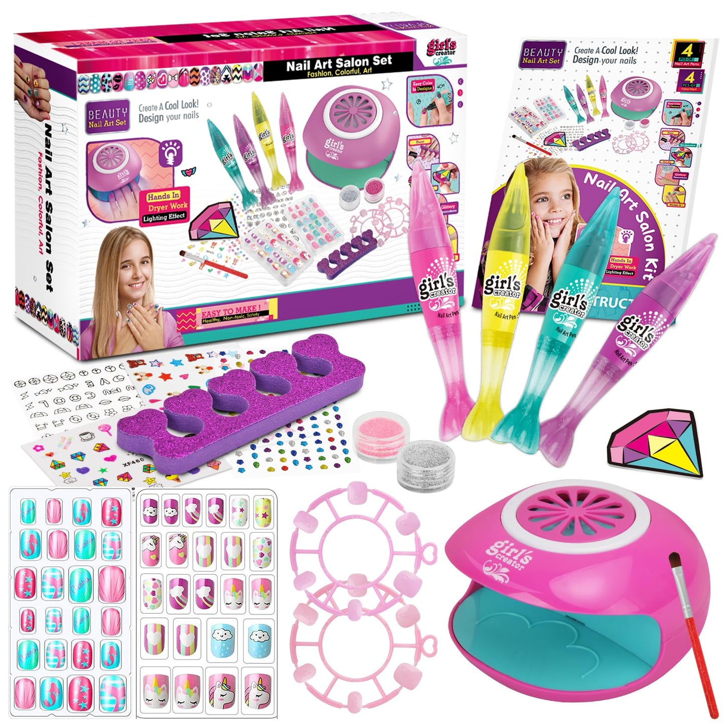 Nail Kit for Girls Ages 7-12, Kids Nail Polish set with Nail Dryer, 2 in 1 Nail Polish Pen, Stickers, False Press On Nail, Glitter, Cool Girly Stuff, Birthday Gifts for Girls 8 9 10 11 12 Year Old