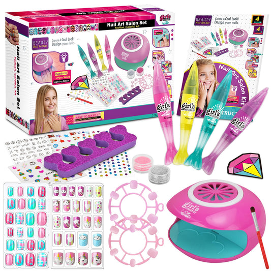 Nail Kit for Girls Ages 7-12, Kids Nail Polish set with Nail Dryer, 2 in 1 Nail Polish Pen, Stickers, False Press On Nail, Glitter, Cool Girly Stuff, Birthday Gifts for Girls 8 9 10 11 12 Year Old