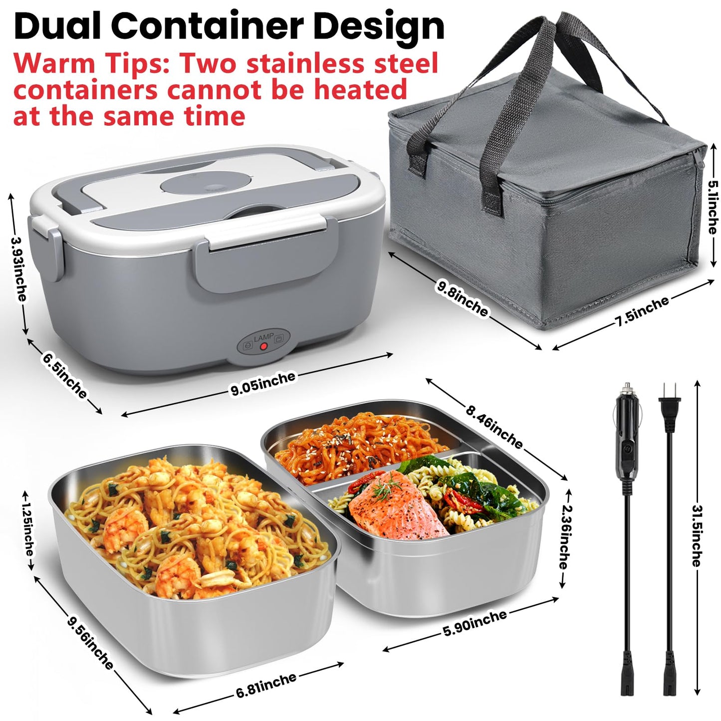 Electric Lunch Box Food Heater for Work - 80W Food Warmer for Car Truck Travel with 2 Stainless Steel Containers 1.5L Potable Self Heating lunch Box for Adults lonchera eléctrica portátil