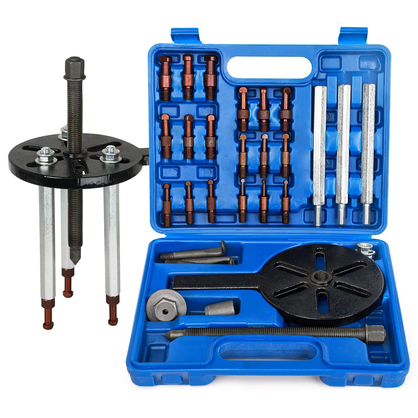 HQSSWUCH 21 in1 Bearing Puller, Bearing Puller Set, Inner Hole Three-Jaw Puller, with Curved Hook and Red Steel Collet Multifunctional Bearing Removal Tool, with Heavy Duty Portable Storage Case Blue