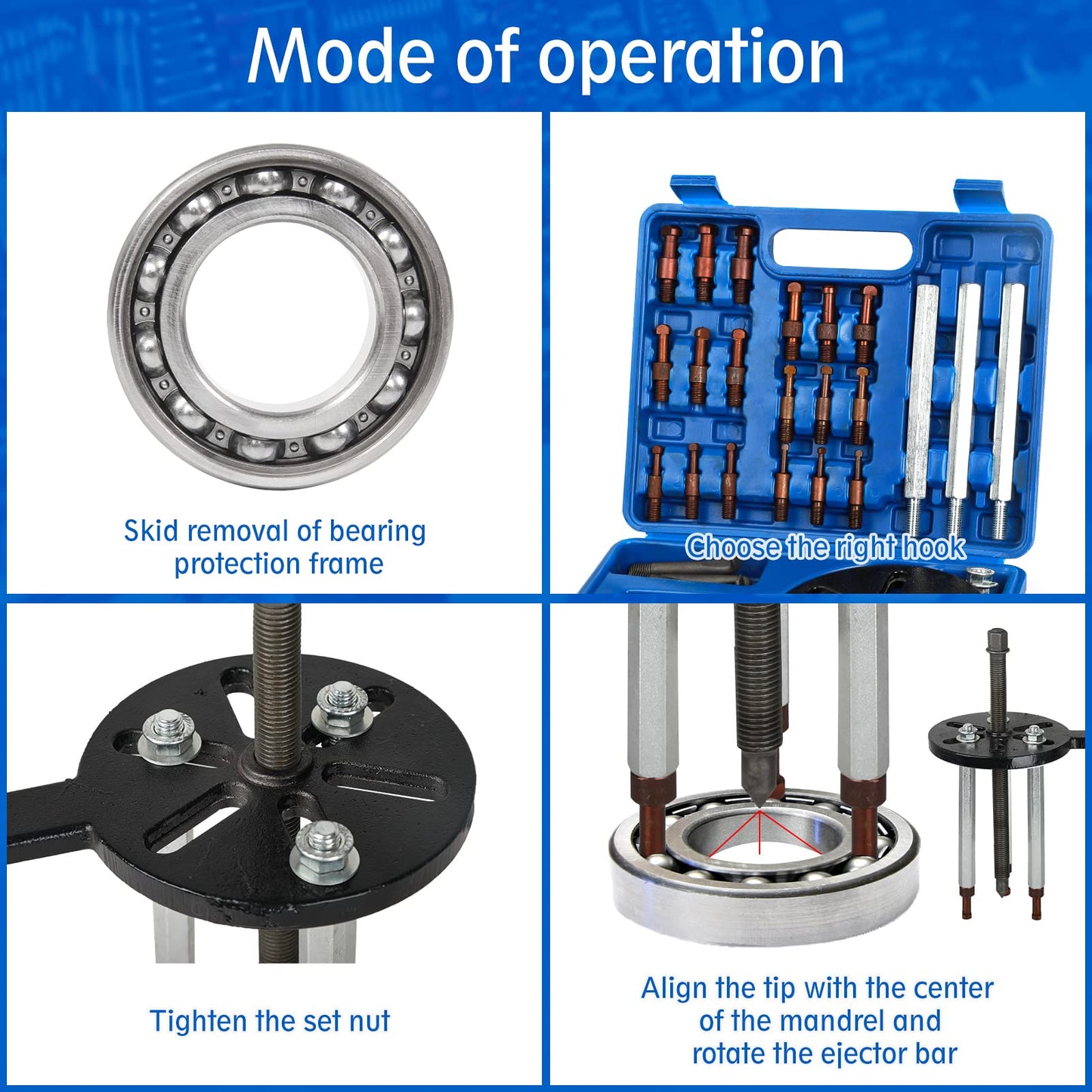 HQSSWUCH 21 in1 Bearing Puller, Bearing Puller Set, Inner Hole Three-Jaw Puller, with Curved Hook and Red Steel Collet Multifunctional Bearing Removal Tool, with Heavy Duty Portable Storage Case Blue