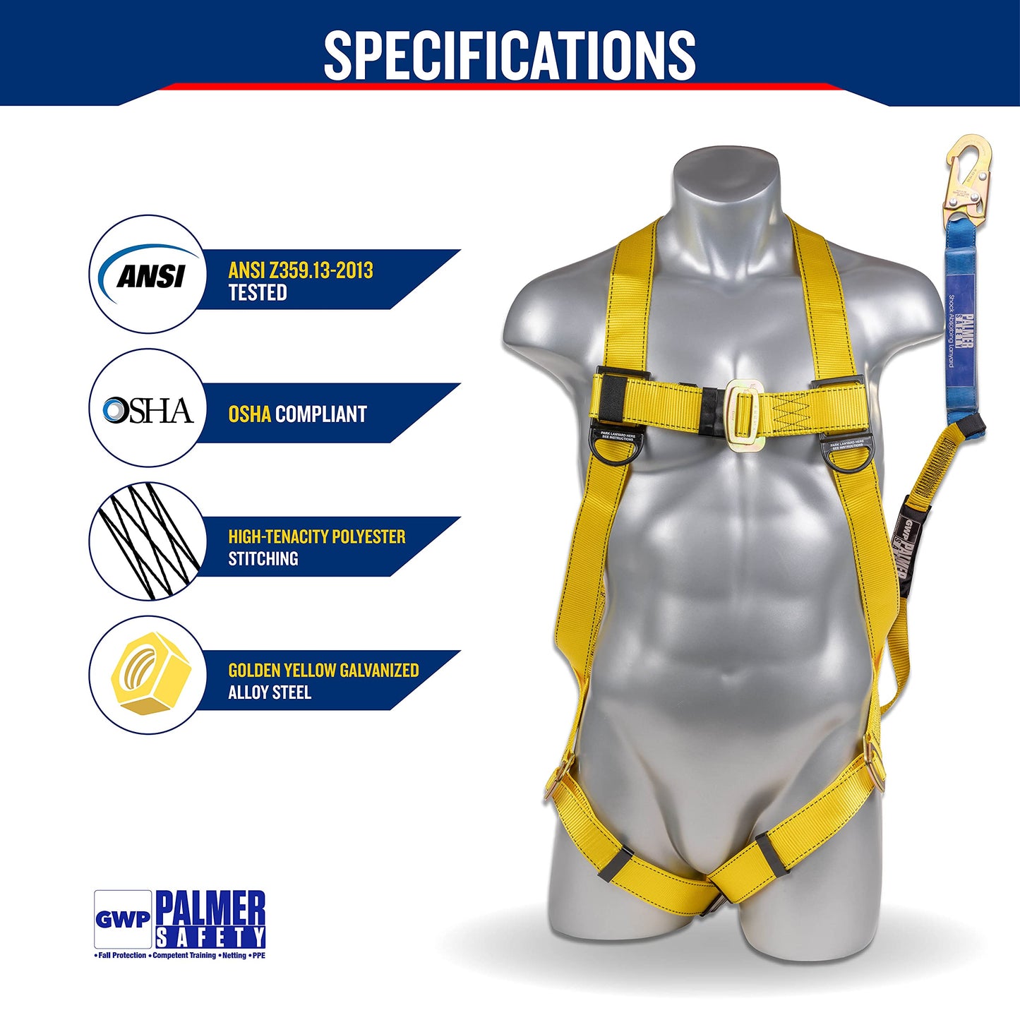 Palmer Safety Safety Harness w/Detachable 6 ft Lanyard I Single Leg Lanyard w/Internal Shock Absorbing & Snap Hook I OSHA/ANSI Fall Arrest Kit