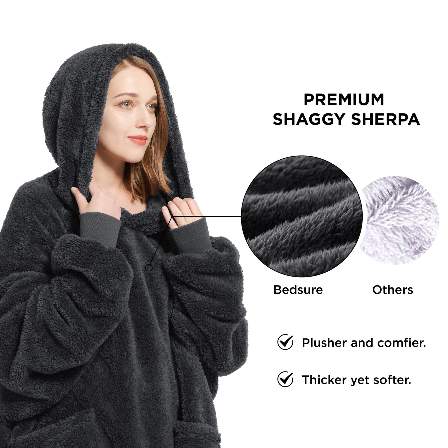 Bedsure Wearable Blanket Hoodie for Women - Cozy Sherpa Hoodie Blanket for Adult Men, Warm Hooded Blanket Sweatshirt with Pockets as Gifts for Girlfriend, Charcoal