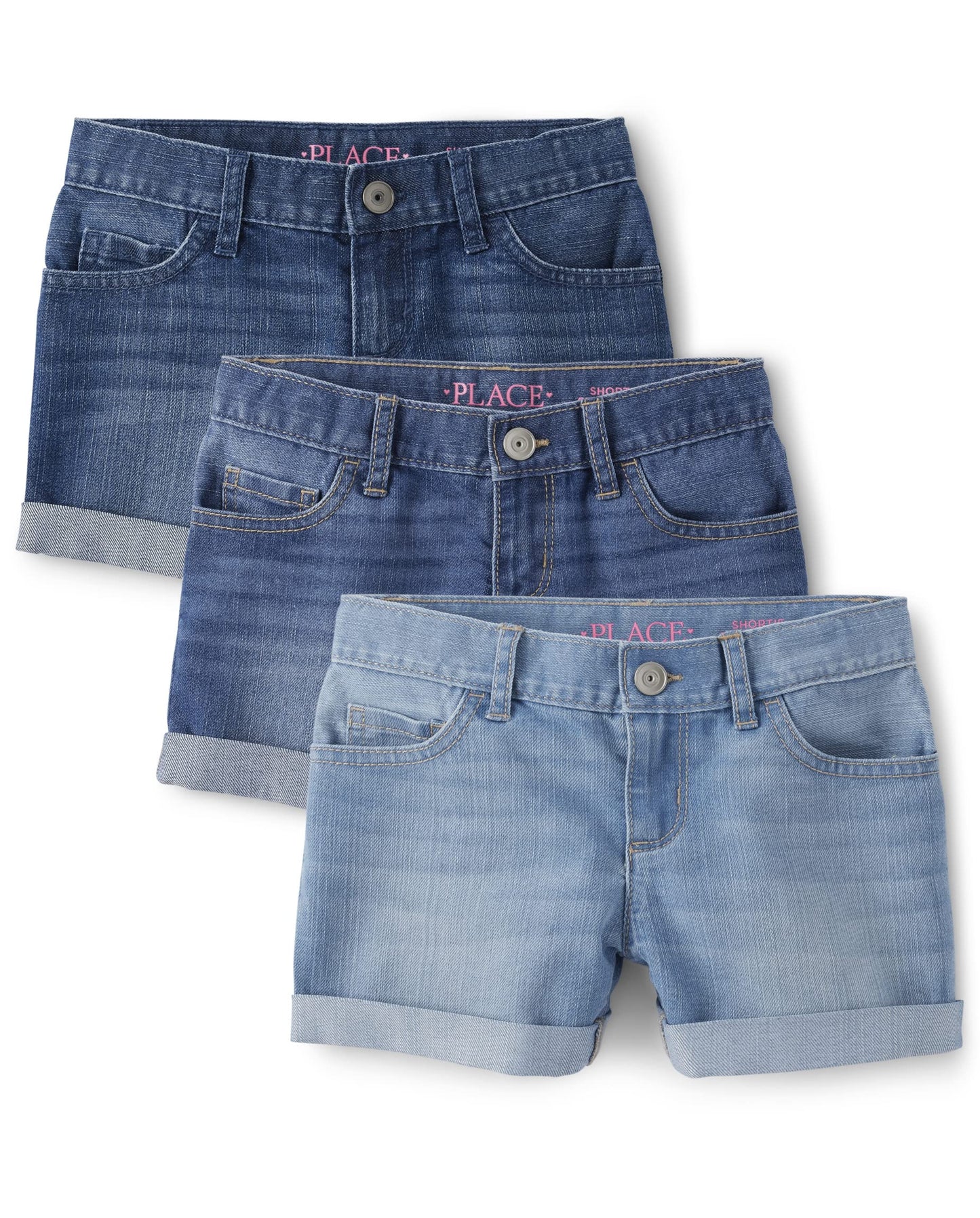 The Children's Place Girls' Roll Cuff Shortie Shorts, Rose Wash Denim 3-Pack, 6